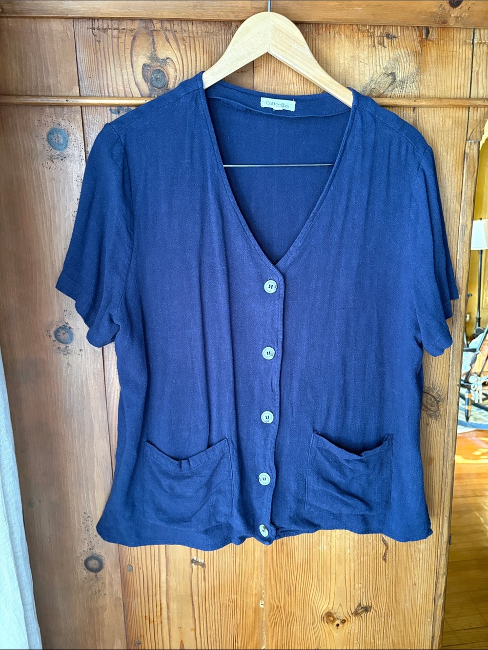 Cotton Linen Blend Blue Shirt with buttons and pockets